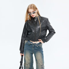 American Fashion Stand Collar Long Sleeve Short PU Leather Short Jacket