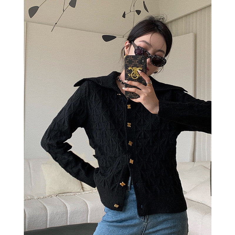 Temperament Lapel Gold Buckle Hollow Sweater Small Fragrance Cardigan