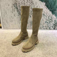 Elastic Thin Boots Women's Net Red Sponge Cake Round Head But Knee-high Tube