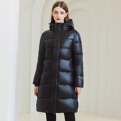 Winter Warm Hooded Coat With Pockets Fashion Simple Long Cotton puffer Jacket Solid Color Outwear Women's Clothing