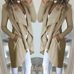 Women's Plus Size Solid Color Polo Collar Slim Fit Long Trench Coat