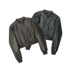 American Fashion Stand Collar Long Sleeve Short PU Leather Short Jacket