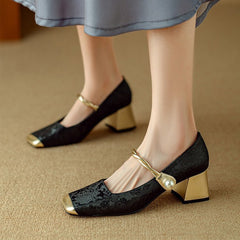 Embossed Silk Kitten Heels Matching Square Head With Thick