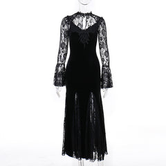 Elegant Sexy See-through Slim-fit Dark Lace Fishtail Long Sleeve Dress