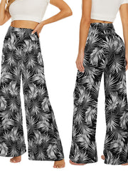 Wide leg Trousers Skirt Printed With White Leaves
