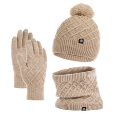 Autumn And Winter Hat Scarf Gloves Knitted Hat Amazon Outdoor Fleece-lined Warm Fur Ball Thickened Woolen Cap Three-piece Set