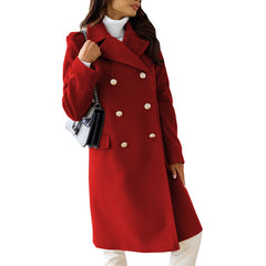 Women's Simple Long Sleeve Lapel Double Breasted Woolen Coat