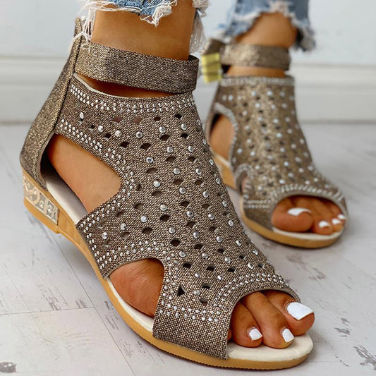 Rhinestones Sandals Summer Peep-toe Hollow Out Shoes Men With Back Zip Design