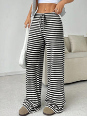 Women's Casual Striped Solid Color Drawstring Straight-leg Pants