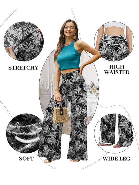 Wide leg Trousers Skirt Printed With White Leaves