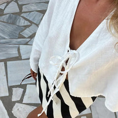 Deep V Bell Sleeve Tied Top Women
