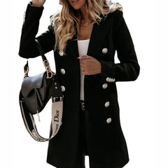 Turndown Collar Jacket For Women Autumn Winter Long-sleeved Double-breasted Woolen Coat