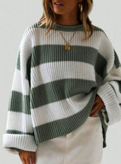 Loose Striped Sweater Fashion Casual Long Batwing Sleeve Round Neck Pullover Knit Tops Women Clothing