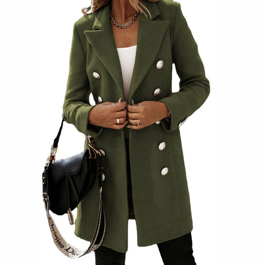 Turndown Collar Jacket For Women Autumn Winter Long-sleeved Double-breasted Woolen Coat