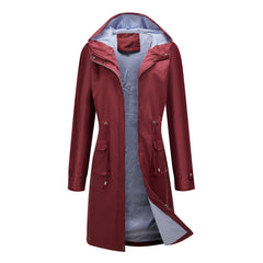 Long Casual Windbreaker Women's Waterproof Hooded Solid Color  Striped Lining Straight Coat