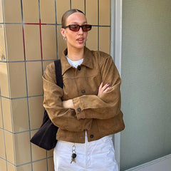 Lapel Single Breasted Brown Short Jacket Women's Retro