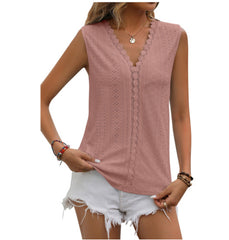 V-neck Stitching Hollow Out Lace Vest T Top For Women