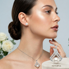 Sea Pearl Chevron Pendant Necklace & Earring Set – Silver-Tone CZ Jewelry
