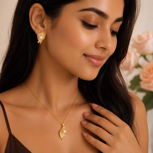 Natural Sea Pearl Leaf Necklace & Earring Set – Gold-Tone Bridal Jewelry