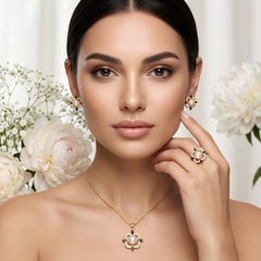 Sea Pearl Flower Jewelry Set – Gold-Tone Necklace, Earrings & Ring