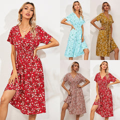 Summer Floral Print Short Sleeved V-neck High Waisted Dress A-line Skirt Mid Length Skirt