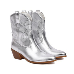 Mirror Patent Leather Embroidery Knee Boots Pointed Mid-calf Embroidery Chunky Heel