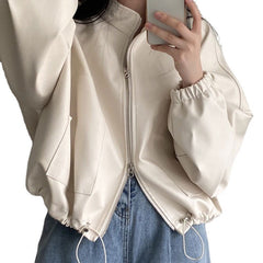 Small Stand Collar Zipper Large Pocket Drawstring Lace Leather Coat Women