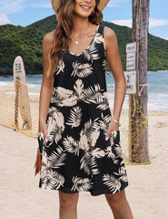 Casual Tank Dress With Pockets Summer Bohemian Beach Dress Floral T-shirt Dress