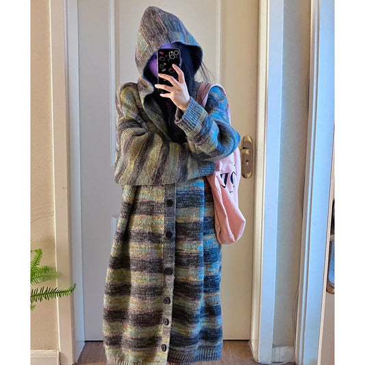 Hooded Striped Sweater Coat Idle Style Long Knitted Cardigan