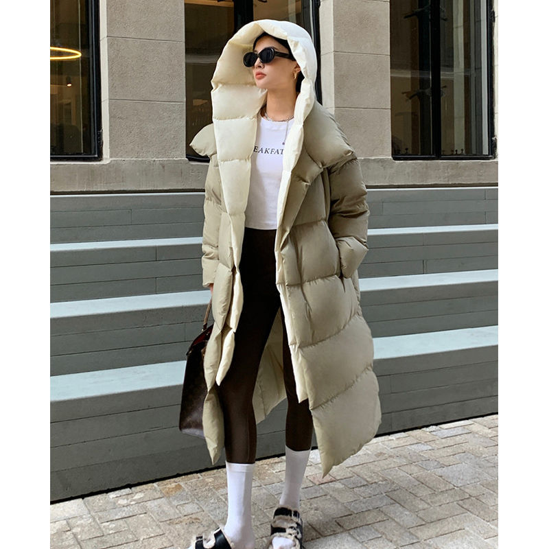 Women's White Duck Down Long Hooded Warm Puffer Jacket