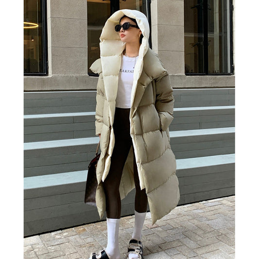 Women's White Duck Down Long Hooded Warm Puffer Jacket