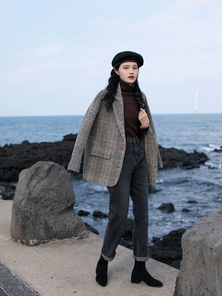 Retro Plaid Woolen Suit Jacket Women's Autumn And Winter Thick Warm Coat Short And Small