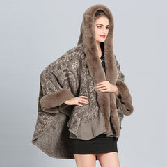 Autumn And Winter Hooded Shawl Cloak Fox Fur Collar All-match Woolen Coat
