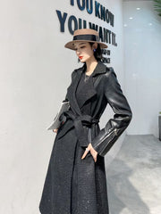 New Style Suit Collar Stitching PU Leather Mid-length Over-the-knee Thickened Thin Windbreaker Jacket