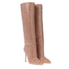 Pointed Toe Cashmere Solid Color Women's Rhinestone Stiletto Heel Knee Boots