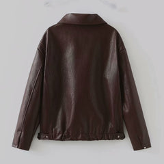 Lapel Zipper Jacket  Casual Long Sleeve Leather Coat