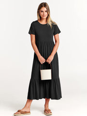 Women's Sub-round Neck Pleating Layered Large Swing Casual Dress