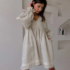 Cotton And Linen French Dress Temperament Commute V-neck Lantern Sleeve Loose Dress