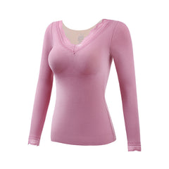 Thermal Underwear Women's Suit With Chest Pads Sexy V-neck Lace Long Sleeves