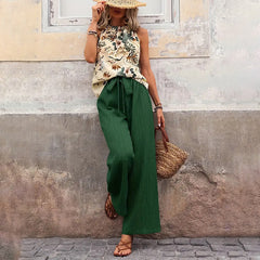 Women's 2 Piece Outfits Summer Casual Sleeveless Halter Neck Crop Tops Wide Leg Pants Set