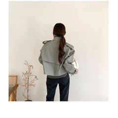 Korean Ins Autumn Retro Lapels Design Double Breasted Loose All-match Long Sleeve Short Trench Coat