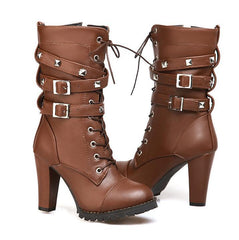Comfort Side Zip Studs Thick Heel Mid Boots High Heel Lace  Boots