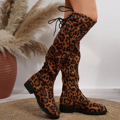 Sexy Leopard Over The Knee Boots With Back Lace-up Design  Socks Shoes Winter Chunky Heels Long Boots