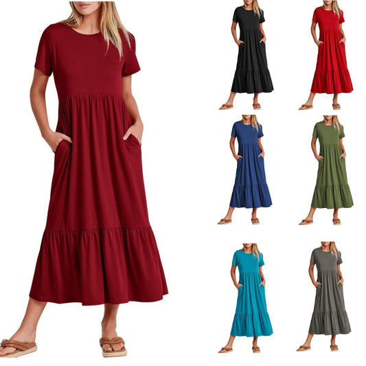 Women's Sub-round Neck Pleating Layered Large Swing Casual Dress