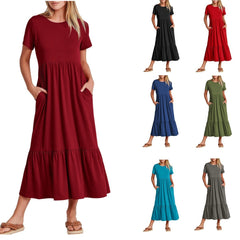 Women's Sub-round Neck Pleating Layered Large Swing Casual Dress