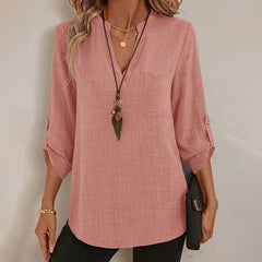 Womens Casual Summer Shirts Notch V Neck Blouses 3 4 Roll Sleeve Tunics Tops
