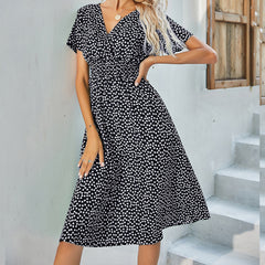 Summer Floral Print Short Sleeved V-neck High Waisted Dress A-line Skirt Mid Length Skirt