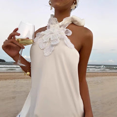 Vintage White Crochet Halter Evening Dress