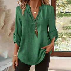 Womens Casual Summer Shirts Notch V Neck Blouses 3 4 Roll Sleeve Tunics Tops