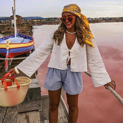 Deep V Bell Sleeve Tied Top Women
